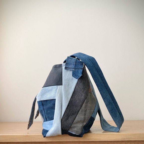 joodito japanese boro origami patchwork small bucket crossbody bag denim jean - Picture 10 of 12